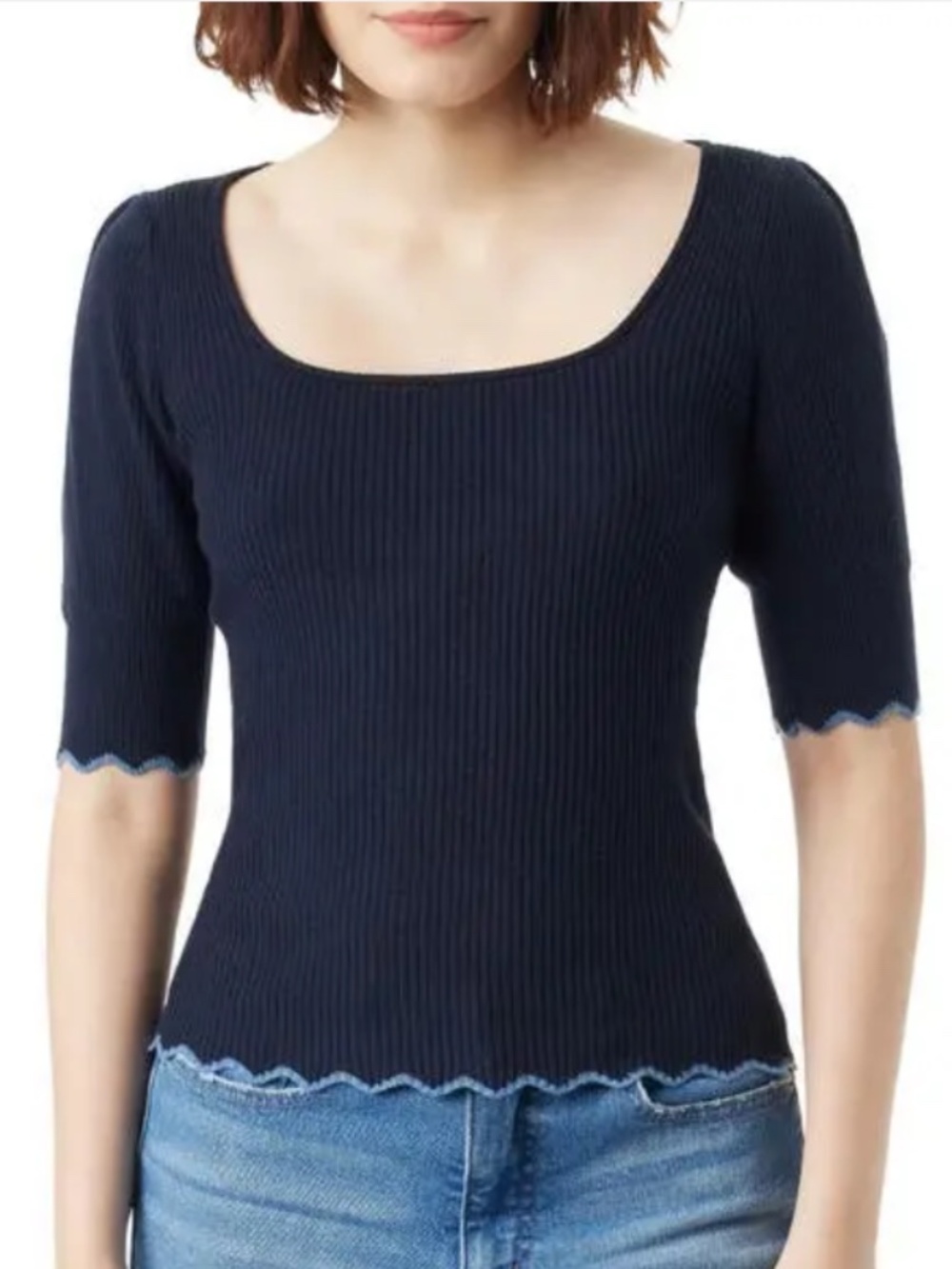 Sam Edelman Women's Blue Adelia Scalloped-Hem Square-Neck Ribbed Top Size XL